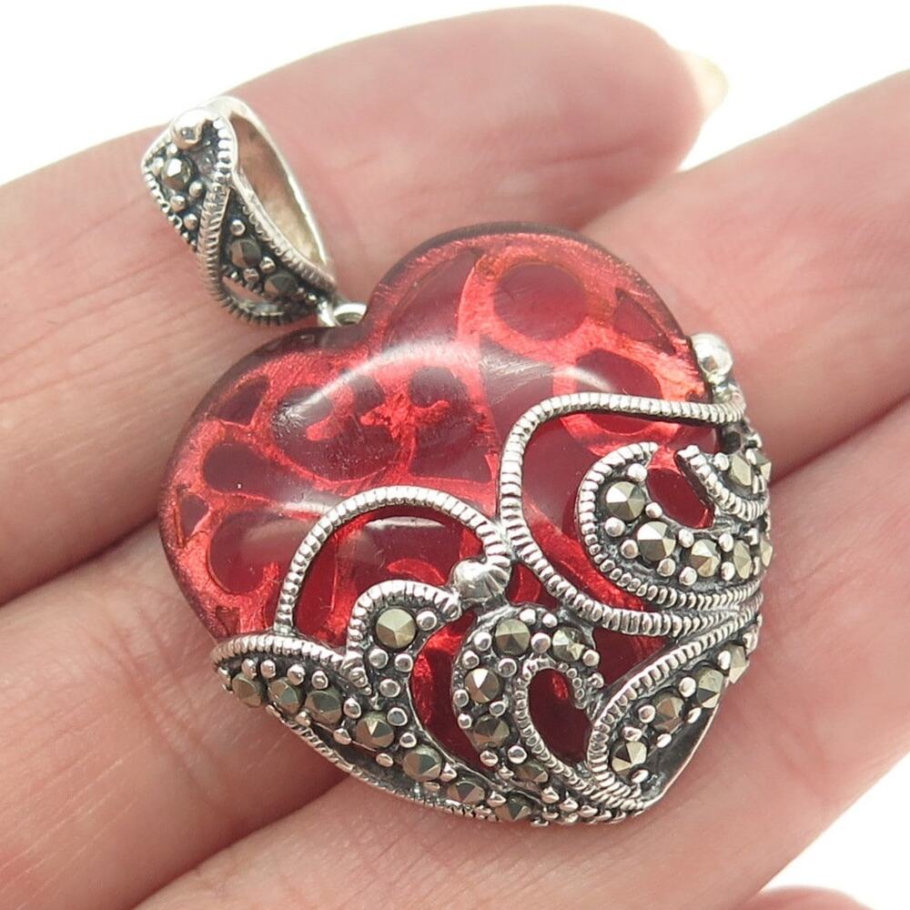 Vintage Ross-Simons Sterling Silver Marcasite Ruby Red Glass Heart Pendant Large